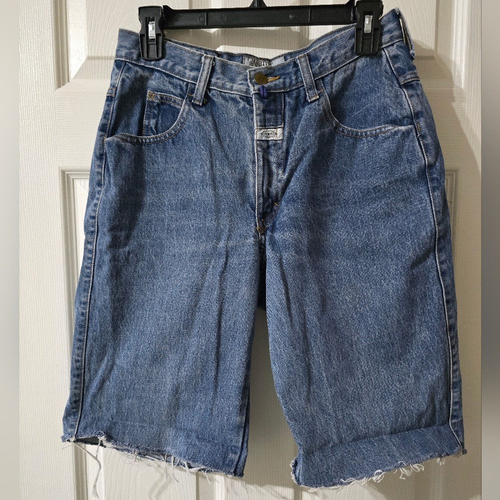 Vintage 90s Marithe Francois Girbaud Femme Stonewash Denim Long Cut-Off Shorts. - Picture 5 of 13